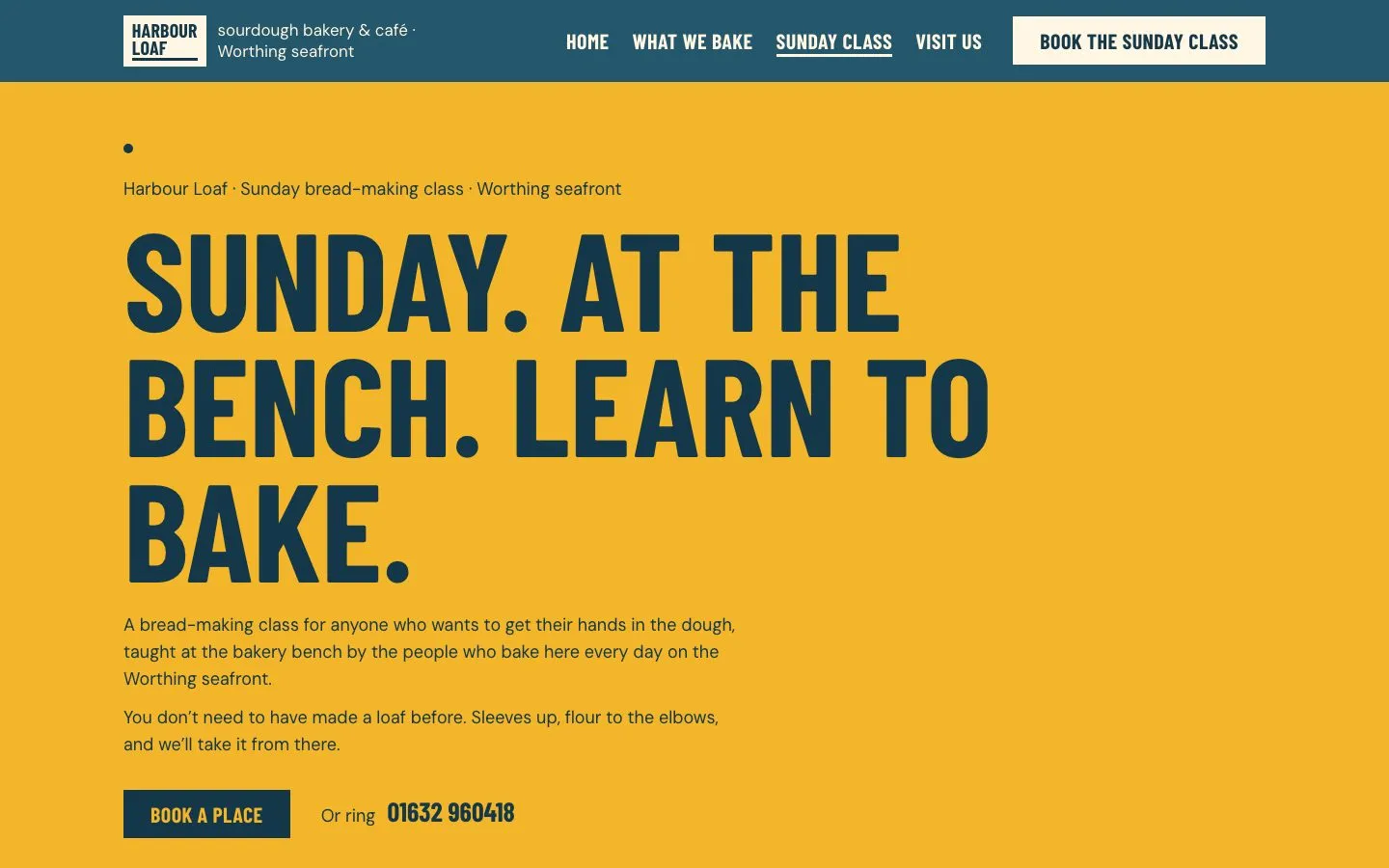 Sunday Class: Sunday. At the bench. Learn to bake, in dark blue type on an all-yellow page