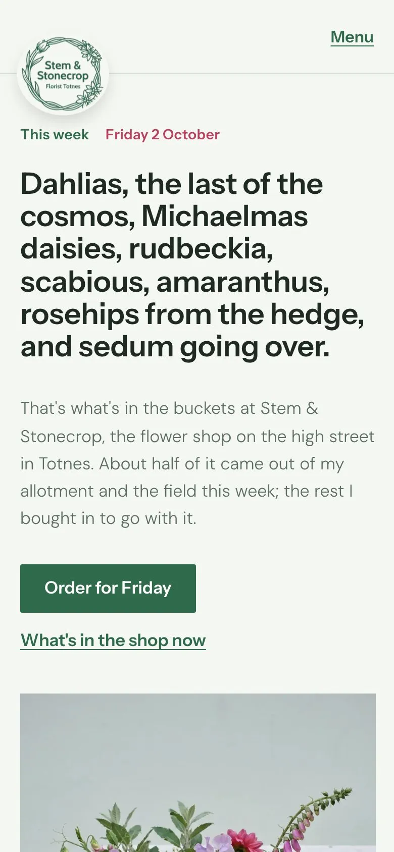Stem & Stonecrop's home page on a phone: a florist's week of dahlias, cosmos and rosehips in a green serif headline, with an Order for Friday button